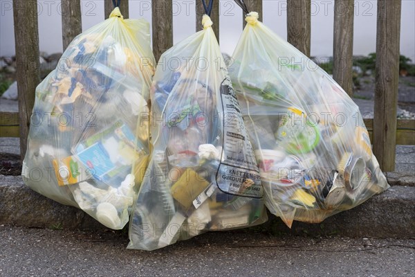 Yellow bags on a fence