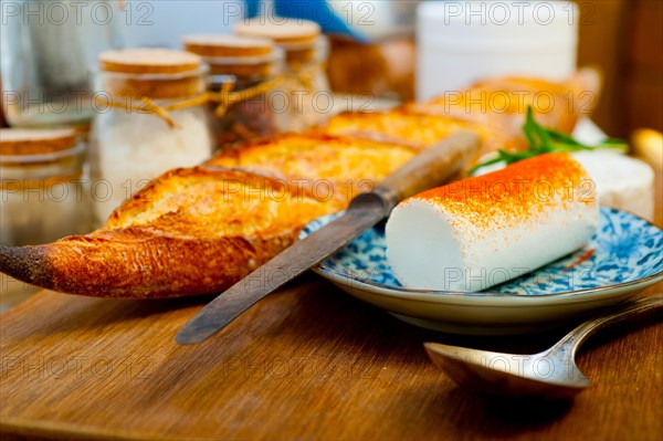 French cheese and fresh baguette on a wood cutter