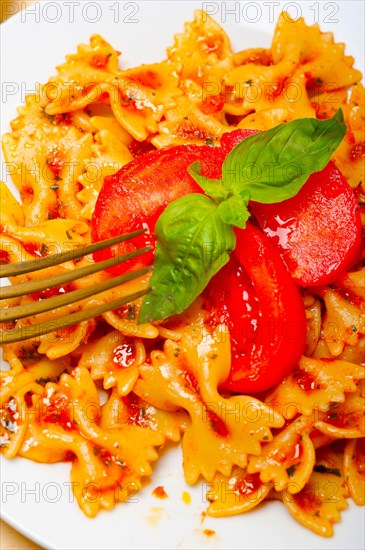 Italian pasta farfalle butterfly bow-tie with tomato basil sauce over white rustic wood table