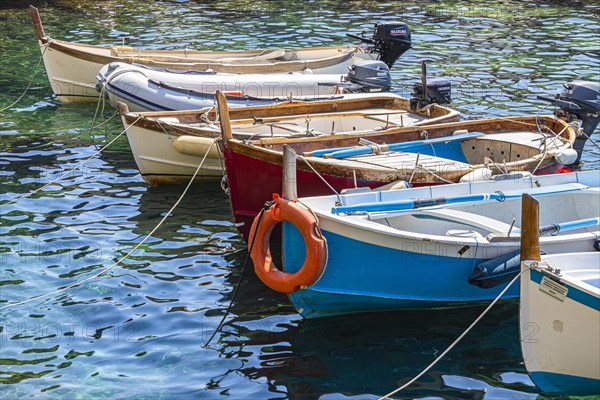 Colourful fishing boats reflected in the water in the harbour of Manarola