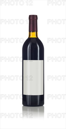 Wine bottle with red wine and blank wine label ready for you own design and text against a white background