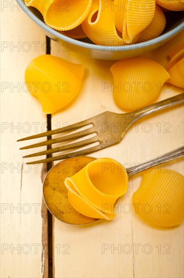 Raw Italian snail lumaconi pasta on a blue bowl over rustic table macro