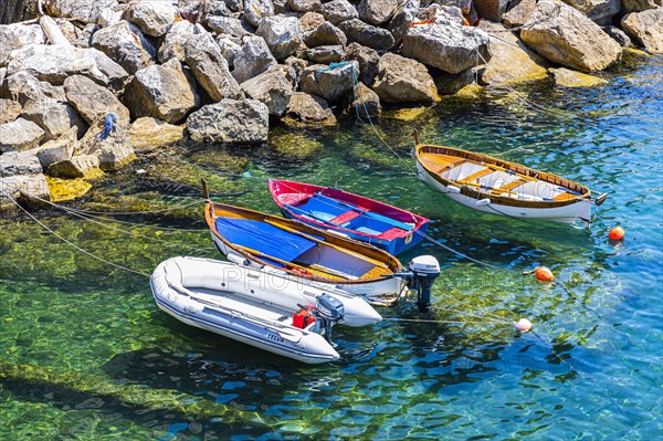 Colourful fishing boats attached to the rock lie in the turquoise water in the harbour of Riomaggiore