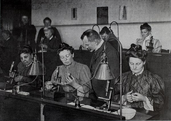 Women at a meat inspection with a microscope