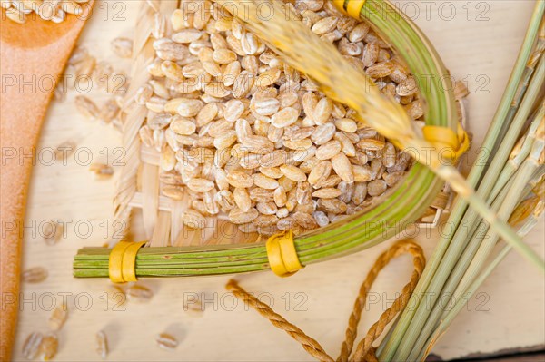 Organic barley grains over rustic wood table macro closeup