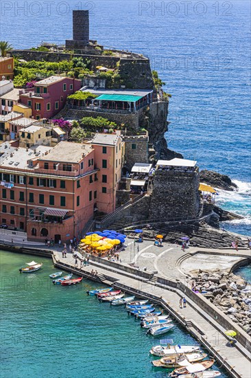 The village of Vernazza with its pastel-coloured houses built into the hillside