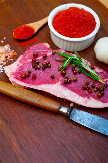 Raw uncooked ribeye beef steak butcher selection