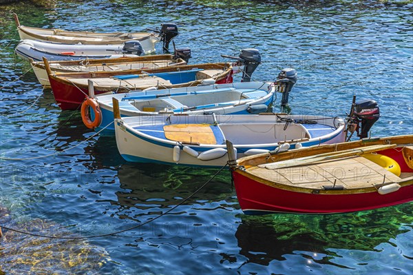 Colourful fishing boats reflected in the water in the harbour of Manarola