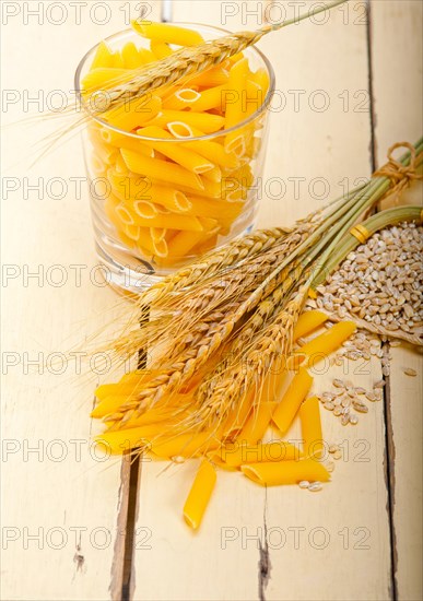 Short Italian pasta penne with durum wheat grains