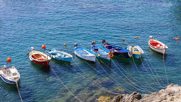 Colourful fishing boats attached to the rock lie in the turquoise water in the harbour of Riomaggiore