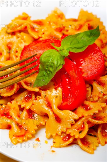 Italian pasta farfalle butterfly bow-tie with tomato basil sauce over white rustic wood table