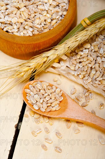 Organic barley grains over rustic wood table macro closeup