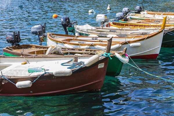 Colourful fishing boats reflected in the water in the harbour of Manarola