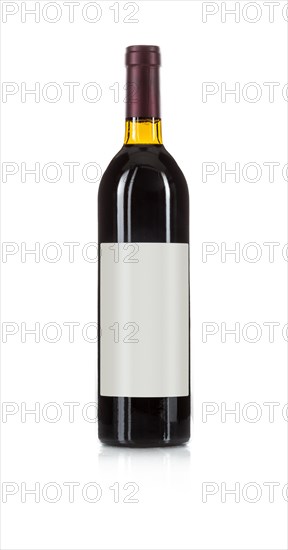 Wine bottle with red wine and blank wine label ready for you own design and text against a white background