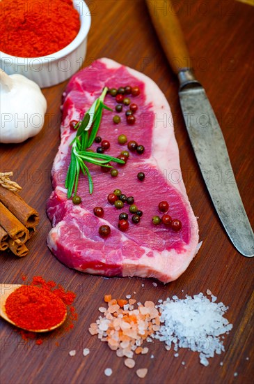 Raw uncooked ribeye beef steak butcher selection