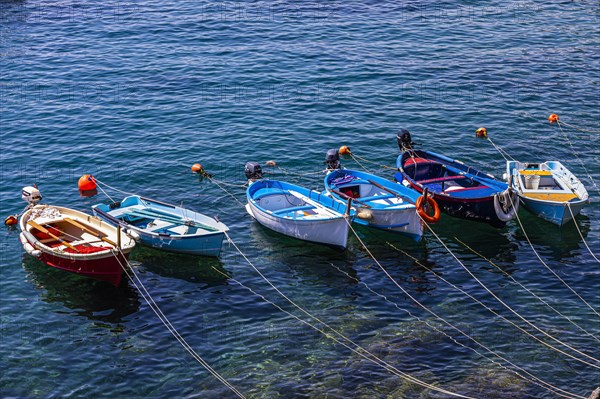 Colourful fishing boats attached to the rock lie in the turquoise water in the harbour of Riomaggiore