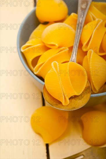 Raw Italian snail lumaconi pasta on a blue bowl over rustic table macro