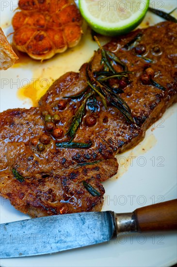 Roasted grilled ribeye beef steak butcher selection