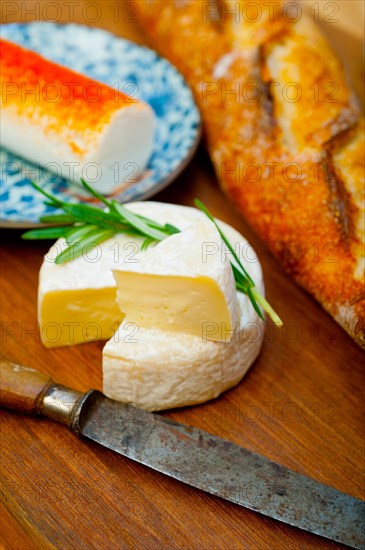 French cheese and fresh baguette on a wood cutter