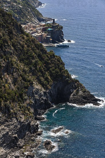 The village of Vernazza with its pastel-coloured houses built into the hillside