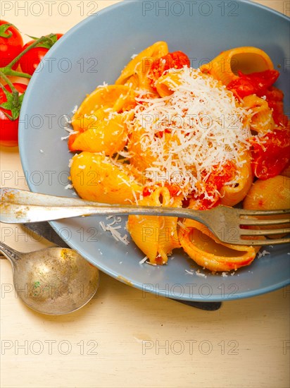 Italian snail lumaconi pasta with ripe cherry tomatoes sauce ingredients