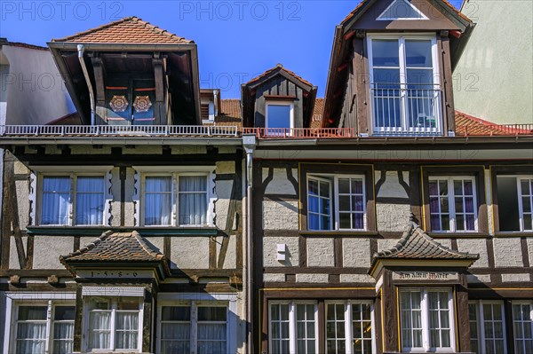 Half-timbered facades with lift dormers built in 1586 in Lindau