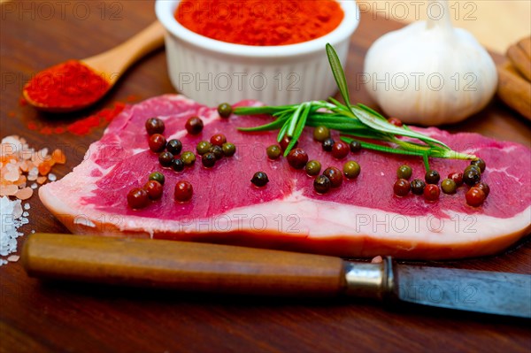 Raw uncooked ribeye beef steak butcher selection