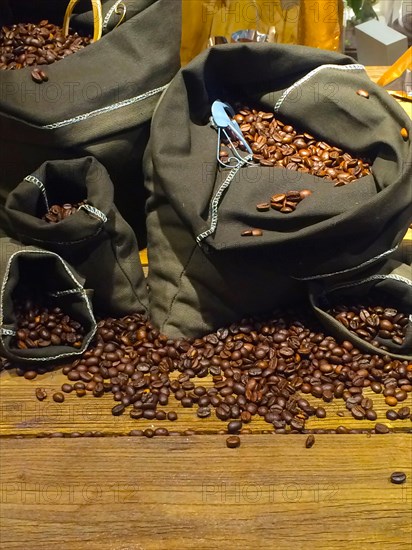 Coffee beans on bags over rustic wood background