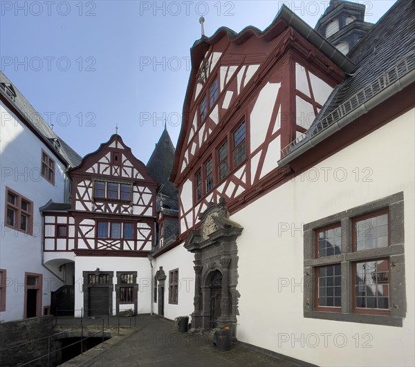 View from castle courtyard to buildings of Trier castle in double castle Buerresheim from the Middle Ages