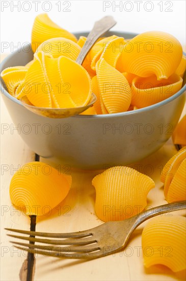 Raw Italian snail lumaconi pasta on a blue bowl over rustic table macro