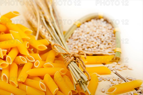 Short Italian pasta penne with durum wheat grains