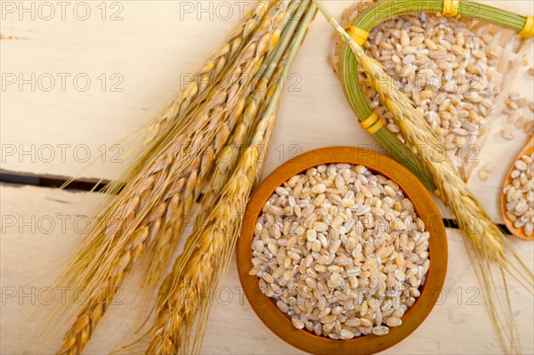 Organic wheat grains over rustic wood table macro closeup