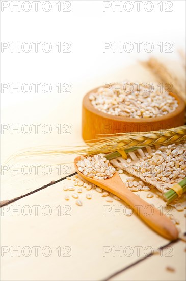 Organic barley grains over rustic wood table macro closeup