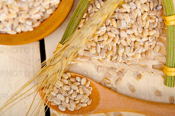 Organic barley grains over rustic wood table macro closeup