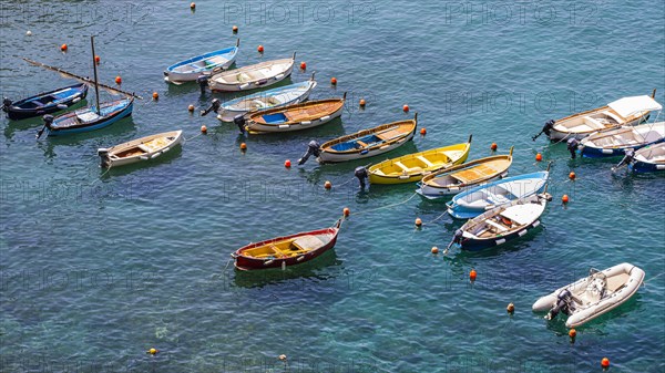 Coloured fishing boats attached to buoys in the turquoise water in the harbour of Vernazza