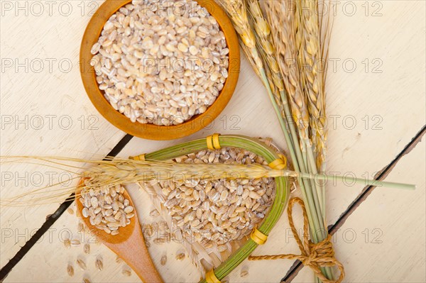 Organic barley grains over rustic wood table macro closeup