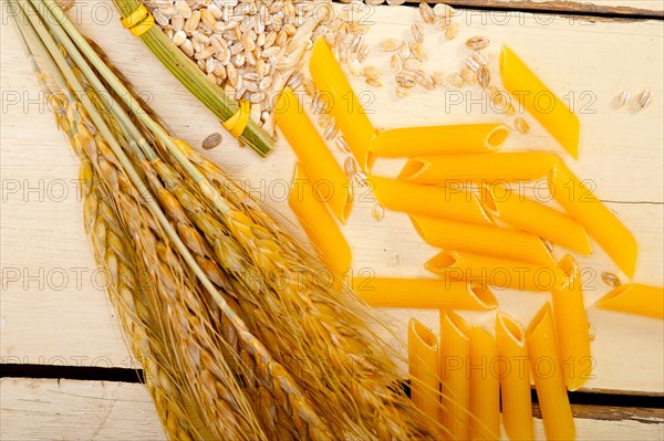 Short Italian pasta penne with durum wheat grains