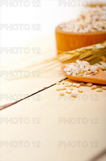 Organic wheat grains over rustic wood table macro closeup