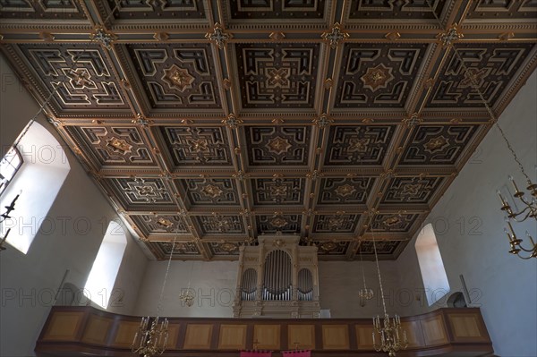 Coffered ceiling and organ loft of the Church of the Assumption of the Virgin Mary