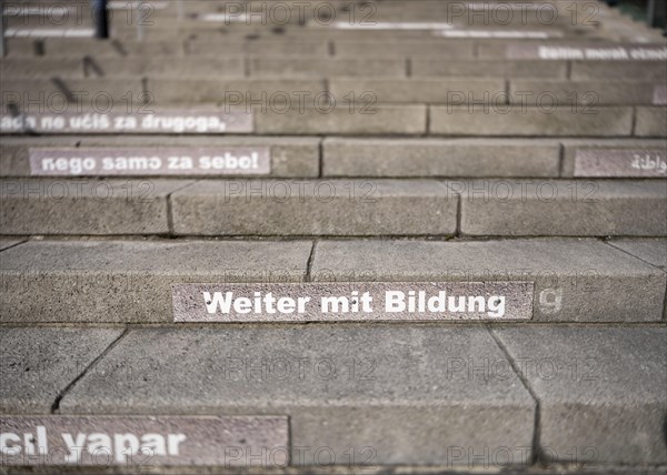 Stairway steps with slogans on the subject of education in several languages