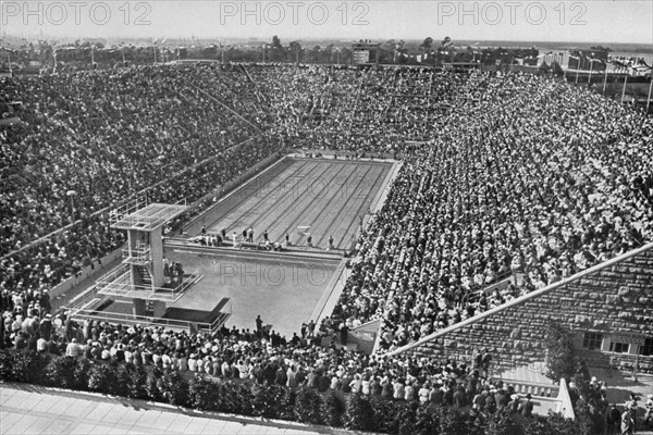 The swimming stadium on the Reichssportfeld during the competitions of the XI Olympiad