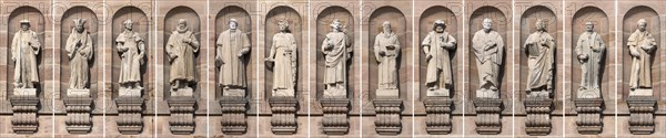 Collage of thirteen stone sculptures of historical legal scholars on the main facade of the Justice Building