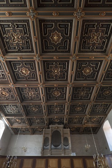 Coffered ceiling and organ loft of the Church of the Assumption of the Virgin Mary