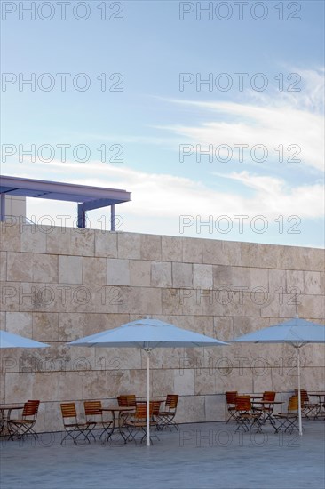 Umbrellas and chairs at the Getty Center in Los Angeles