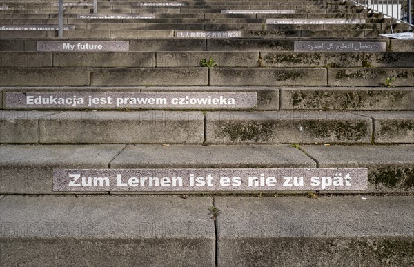 Stairway steps with slogans on the subject of education in several languages