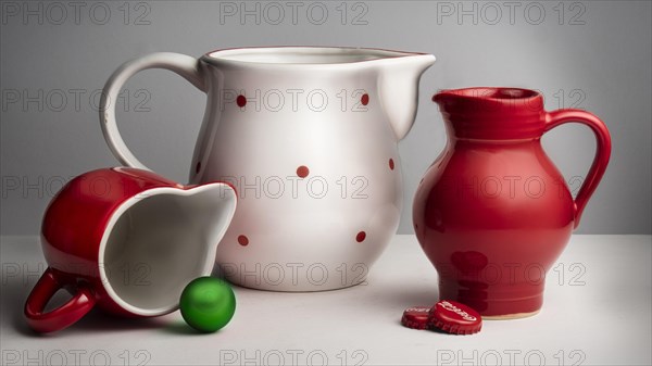Still life with red and white ceramic pots and green ball