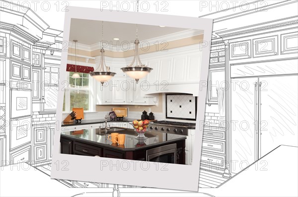 Custom kitchen drawing with photo picture frame containing finished construction