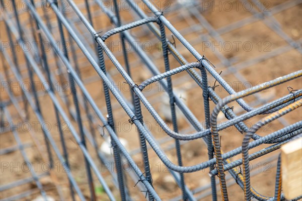 New steel rebar framing abstract at construction site