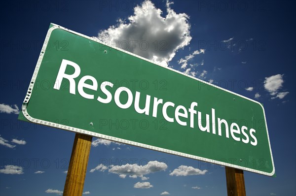 Resourcefulness road sign with dramatic clouds and sky