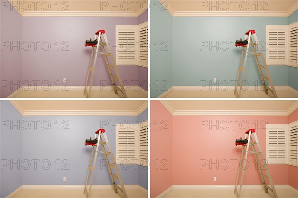 Set of empty rooms painted in variety of colors with ladder